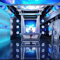 Modern Tech Inspired Bar Interior With Blue Lighting Illuminated Decorations Reception Counter And Female Bartender