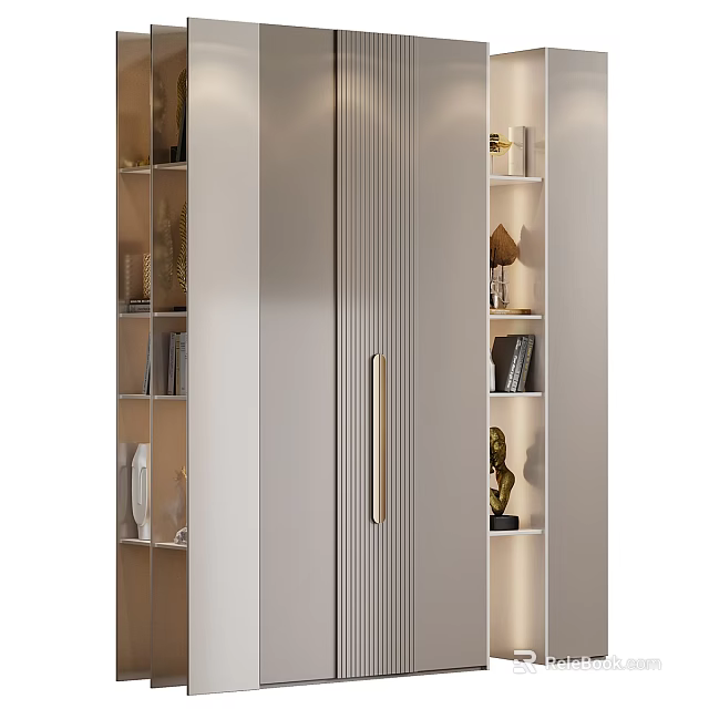 Elegant Modern Luxury Wardrobe With Vertical Stripes Metal Handle Open Shelves And Decorative Items 3d model 