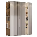 Elegant Modern Luxury Wardrobe With Vertical Stripes Metal Handle Open Shelves And Decorative Items