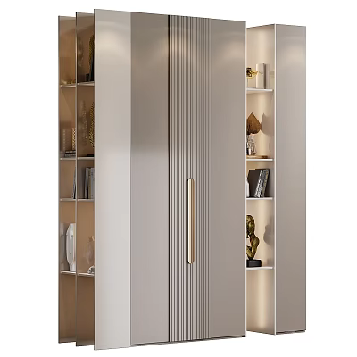 Elegant Modern Luxury Wardrobe With Vertical Stripes Metal Handle Open Shelves And Decorative Items 3d model
