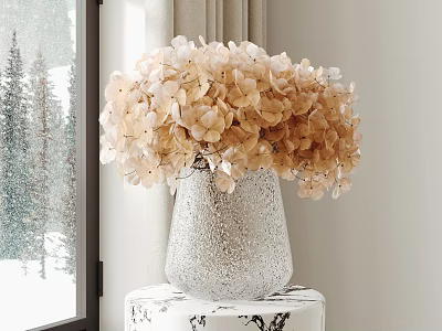 Beige Hydrangea Flowers In Silver Textured Vase Placed By Window With Snowy View 3d model