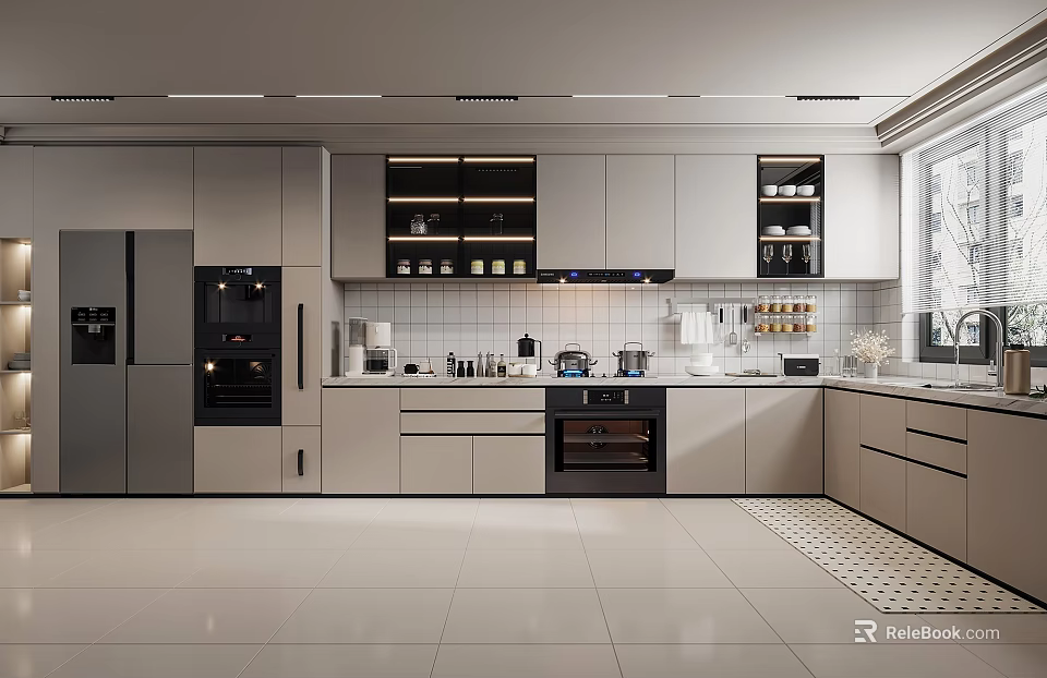 Modern Kitchen Interior Design With Gray Cabinets White Countertops And Stainless Steel Appliances 3d model 