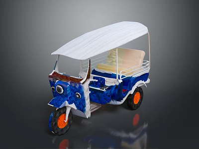 Artistic Tuk Tuk With White Roof Blue And White Body Orange Wheels And Light Seats 3d model