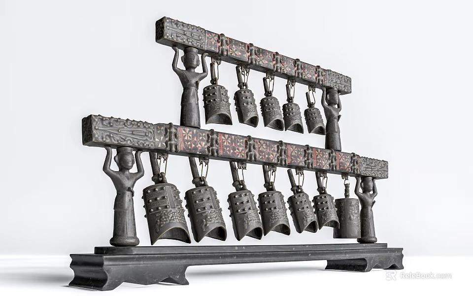 Ancient Chinese Bronze Bells Musical Instrument With Hanging Structure And Decorative Design 3d model 