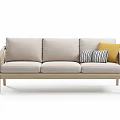 Modern Three Seater Sofa With Wooden Frame Linen Upholstery And Rattan Armrests