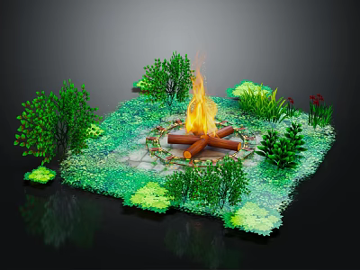 Garden Decor With Circular Fire Pit And Lush Green Plants Surrounding Bushes 3d model
