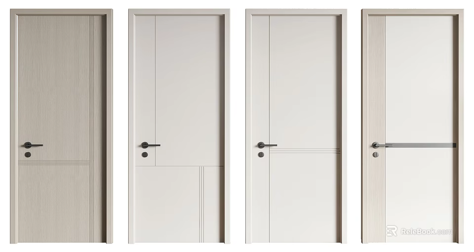 Modern Light Colored Hinged Doors With Various Panel Designs And Handles 3d model