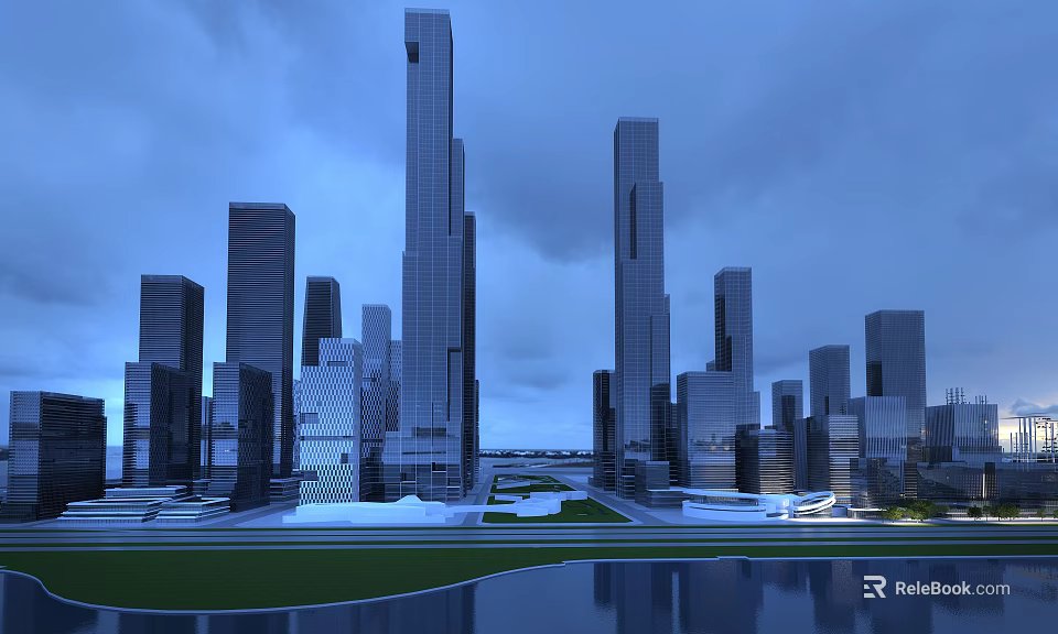 Modern Office Buildings in Urban Skyline Night View with Water Reflection 3d model 