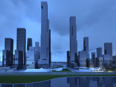 Modern Office Buildings in Urban Skyline Night View with Water Reflection 3d model