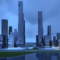 Modern Office Buildings in Urban Skyline Night View with Water Reflection