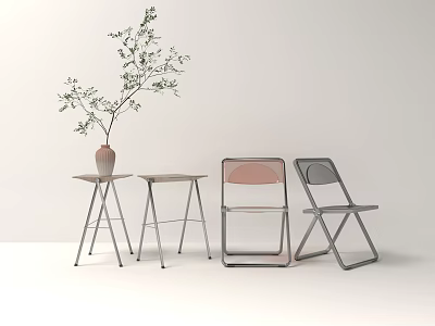 Pink And Grey Leisure Chairs With Metal Stools And Potted Plant In White Space 3d model