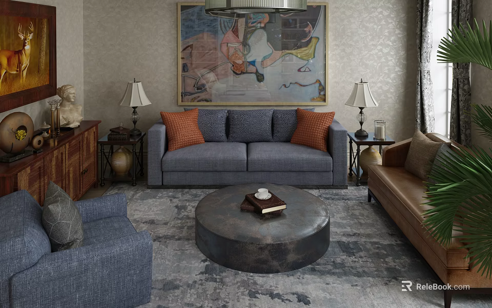 Gray Sofa and Coffee Table Set with Orange Cushions Side Tables Lamps and Artwork 3d model 