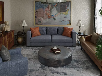 Gray Sofa and Coffee Table Set with Orange Cushions Side Tables Lamps and Artwork 3d model