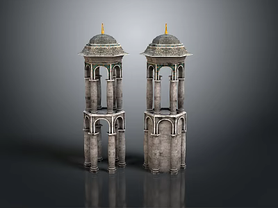 Twin Symmetrical Stone Towers With Domed Tops Golden Finials And Arched Openings 3d model