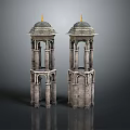 Twin Symmetrical Stone Towers With Domed Tops Golden Finials And Arched Openings