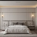 Modern Bedroom Interior With Minimalist Wall Design Neutral Bedding And Side Wall Lamps