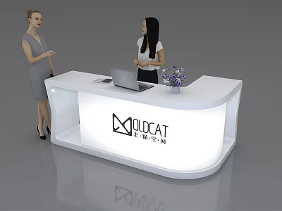 Modern Office Reception Desk With Logo Laptop Flowers And Receptionists 3d model