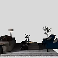 Modern Sofa Set With Light Gray Sofa Blue Armchairs Coffee Table And Plants 3d model
