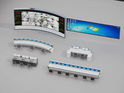 Modern Control Room Workstations With Multiple Monitors And Curved Linear Desks 3d model
