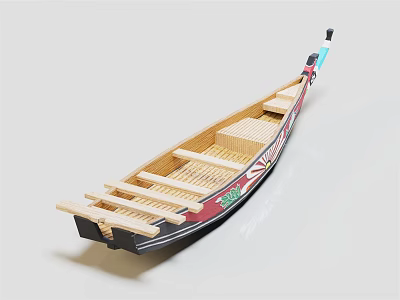 Traditional Style Wooden Boat Model With Decorative Red Black Details And Wooden Seats 3d model