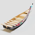 Traditional Style Wooden Boat Model With Decorative Red Black Details And Wooden Seats
