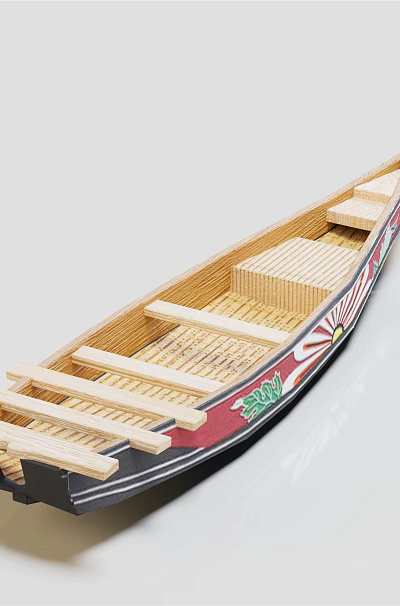 Traditional Style Wooden Boat Model With Decorative Red Black Details And Wooden Seats 3d model