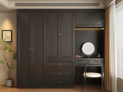 Modern Dark Wardrobe Design With Dressing Table Mirror And Natural Light 3d model