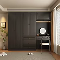Modern Dark Wardrobe Design With Dressing Table Mirror And Natural Light