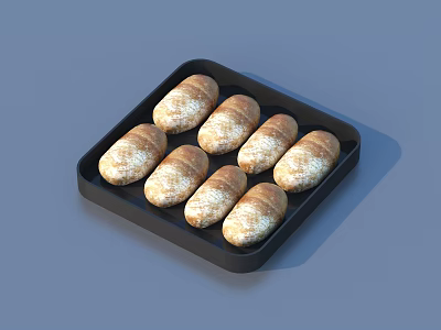 Eight Bread Rolls With White Powdered Surface On Black Tray 3d model