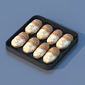 Eight Bread Rolls With White Powdered Surface On Black Tray