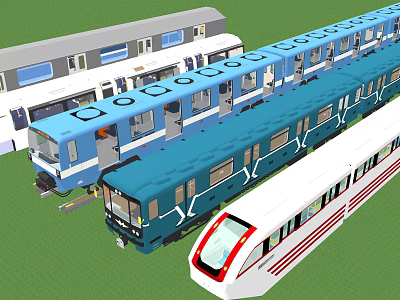 Different Colored High Speed Trains With Multiple Carriages At Railway Depot 3d model