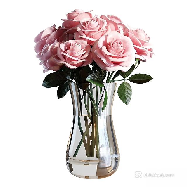 Decorative Ornament Set With Pink Roses In Transparent Glass Vase For Home Decor 3d model 