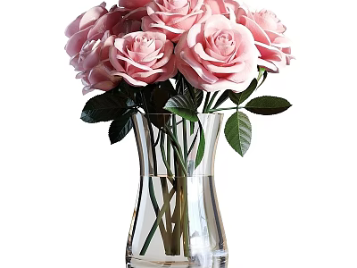 Decorative Ornament Set With Pink Roses In Transparent Glass Vase For Home Decor 3d model