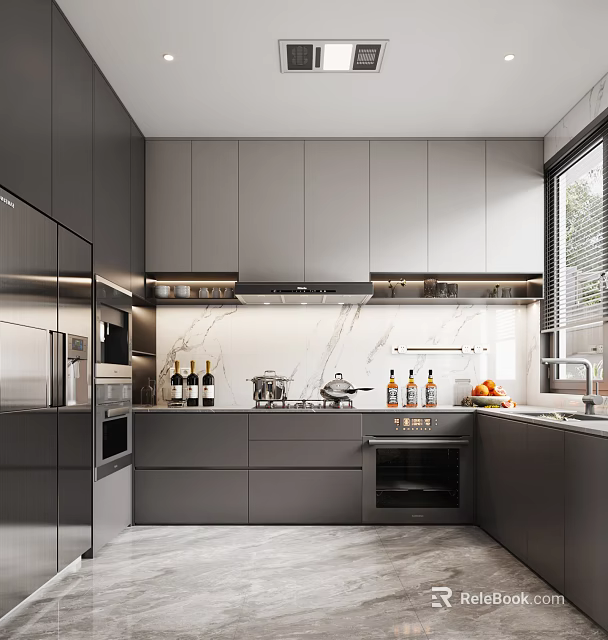 Modern Kitchen With Gray Cabinets Marble Countertop Stainless Steel Appliances Bottles And Fresh Fruits 3d model 