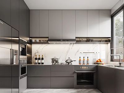 Modern Kitchen With Gray Cabinets Marble Countertop Stainless Steel Appliances Bottles And Fresh Fruits 3d model