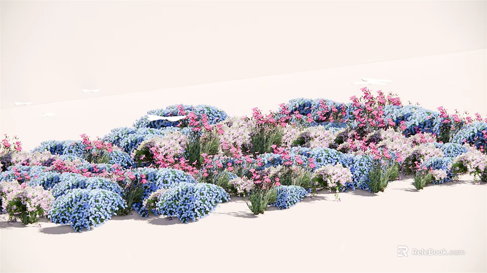 Colorful Flower Garden With Blue Pink And White Blooms In Dense Growth 3d model 