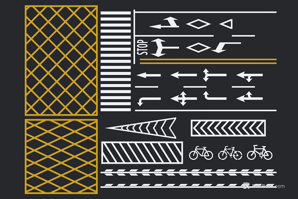 Road Infrastructure Elements Including Arrows Stop Signs Bicycle Symbols And Traffic Markings 3d model 