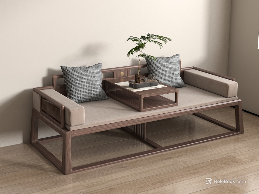 Traditional Chinese Luohan Bed With Wooden Frame Light Cushion Tea Table And Throw Pillows 3d model 
