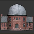 Red Brick Tower With Historic Metal Dome Stone Steps And Arched Windows