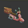 Pink Scooter With Cute Cartoon Patterns Carrying Stacked Pizza Delivery Boxes