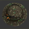 Camouflage Bucket Hat With Brown Belt Buckle Orange Decoration And Green Tag