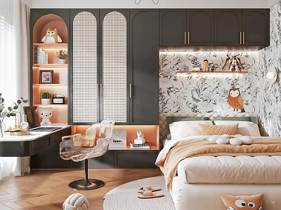 Tatami Bedroom Interior With Gray Open Cabinet Decorative Painting And Wooden Floor 3d model