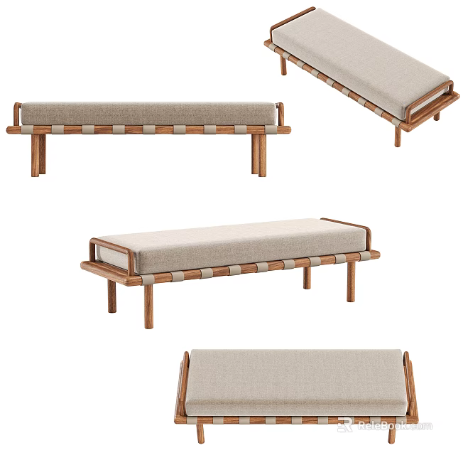 Modern Wooden Frame Bench With Light Fabric Cushion Multiple Angles 3d model