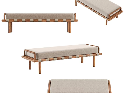 Modern Wooden Frame Bench With Light Fabric Cushion Multiple Angles 3d model