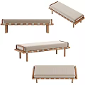 Modern Wooden Frame Bench With Light Fabric Cushion Multiple Angles 3d model