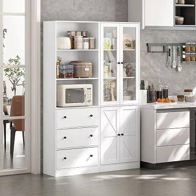 Modern Kitchen Storage Cabinet With White Glass Doors Drawers And Storage Jars 3d model