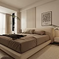Modern Minimalist Bedroom Interior With Bed Nightstand Rug Plant Bookshelf And Artwork