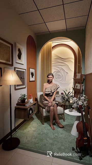 Elegant Live Stream Room With Rose Patterned Relief Wall Floor Lamp And Green Plants 3d model 