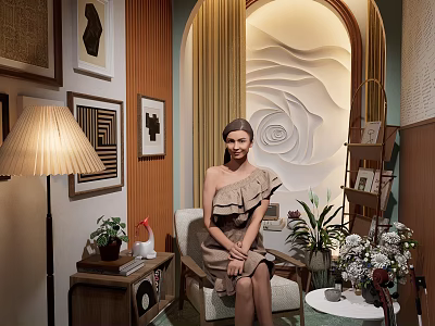 Elegant Live Stream Room With Rose Patterned Relief Wall Floor Lamp And Green Plants 3d model
