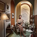 Elegant Live Stream Room With Rose Patterned Relief Wall Floor Lamp And Green Plants